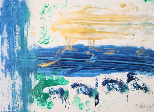 Abstract Gold Blue Green Acrylic On Paper van Lhandy, Schilderij te koop op Singulart