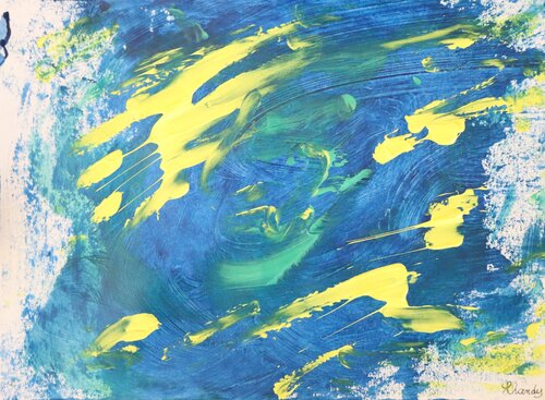 Blue Yellow & Green Abstract - Acrylic On Paper van Lhandy, Schilderij te koop op Singulart