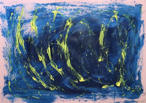 Blue,Pink & Yellow Abstract - Acrylic On Paper di Lhandy, Pittura in vendita su Singulart