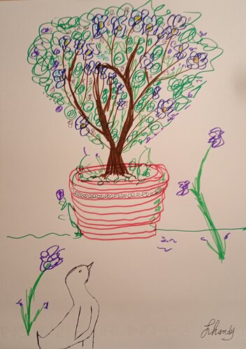 Vase Of Flowers With Bird by Lhandy, Drawing for Sale on Singulart