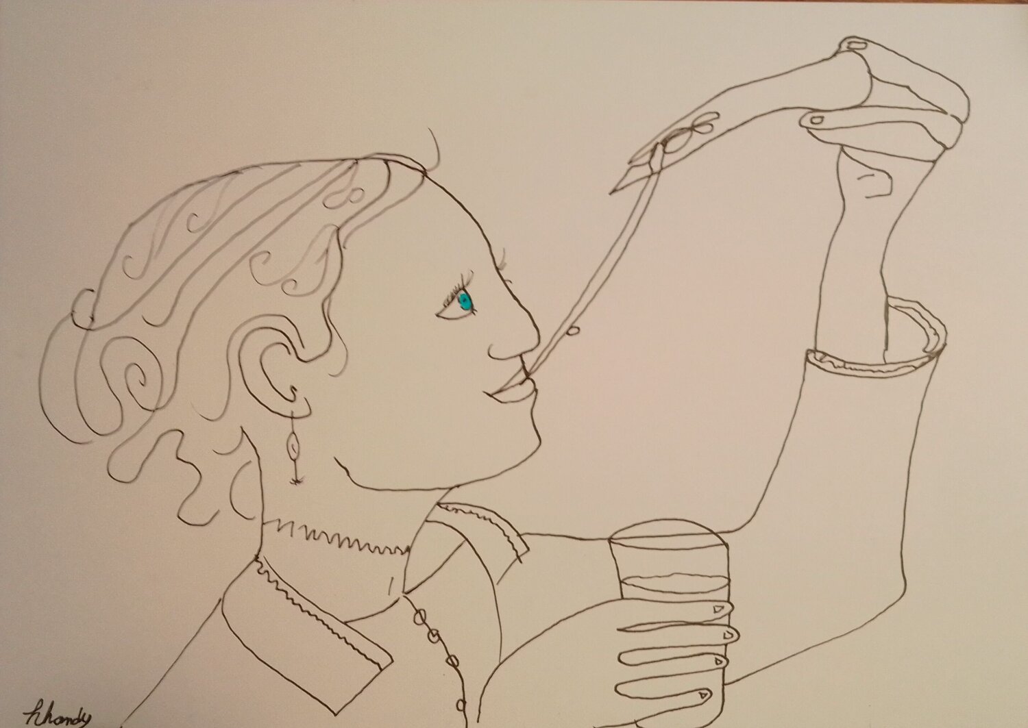 Pizza Joy - Female Ink Drawing Eating Pizza Lhandy