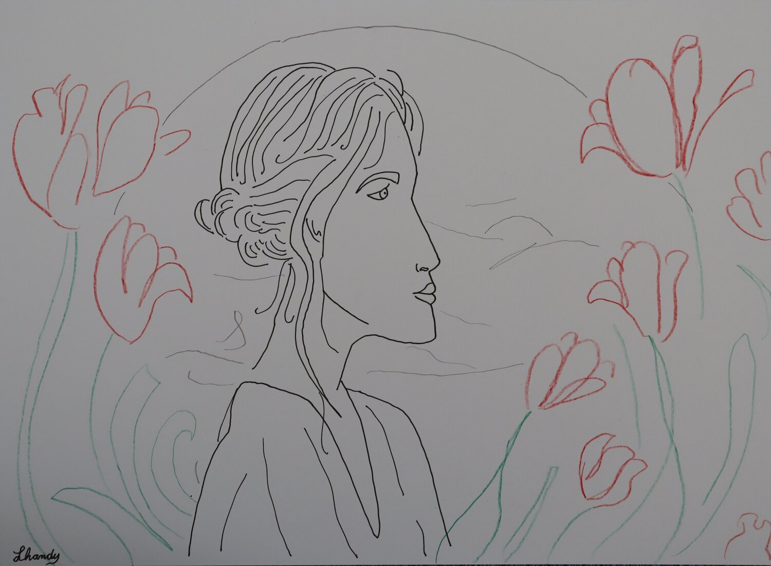 The Tulip Grace - Minimalist Woman Portrait on Paper Lhandy Drawing for sale