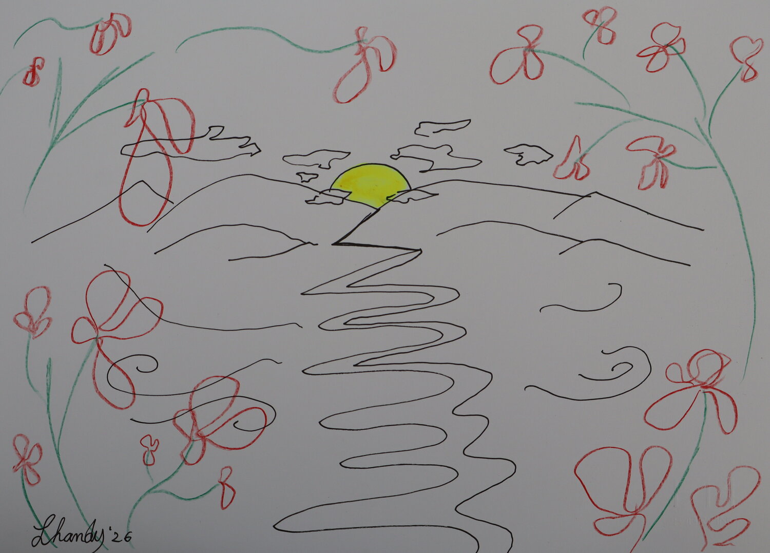 The Path Towards the Sun - Minimalist Landscape Ink Drawing Lhandy