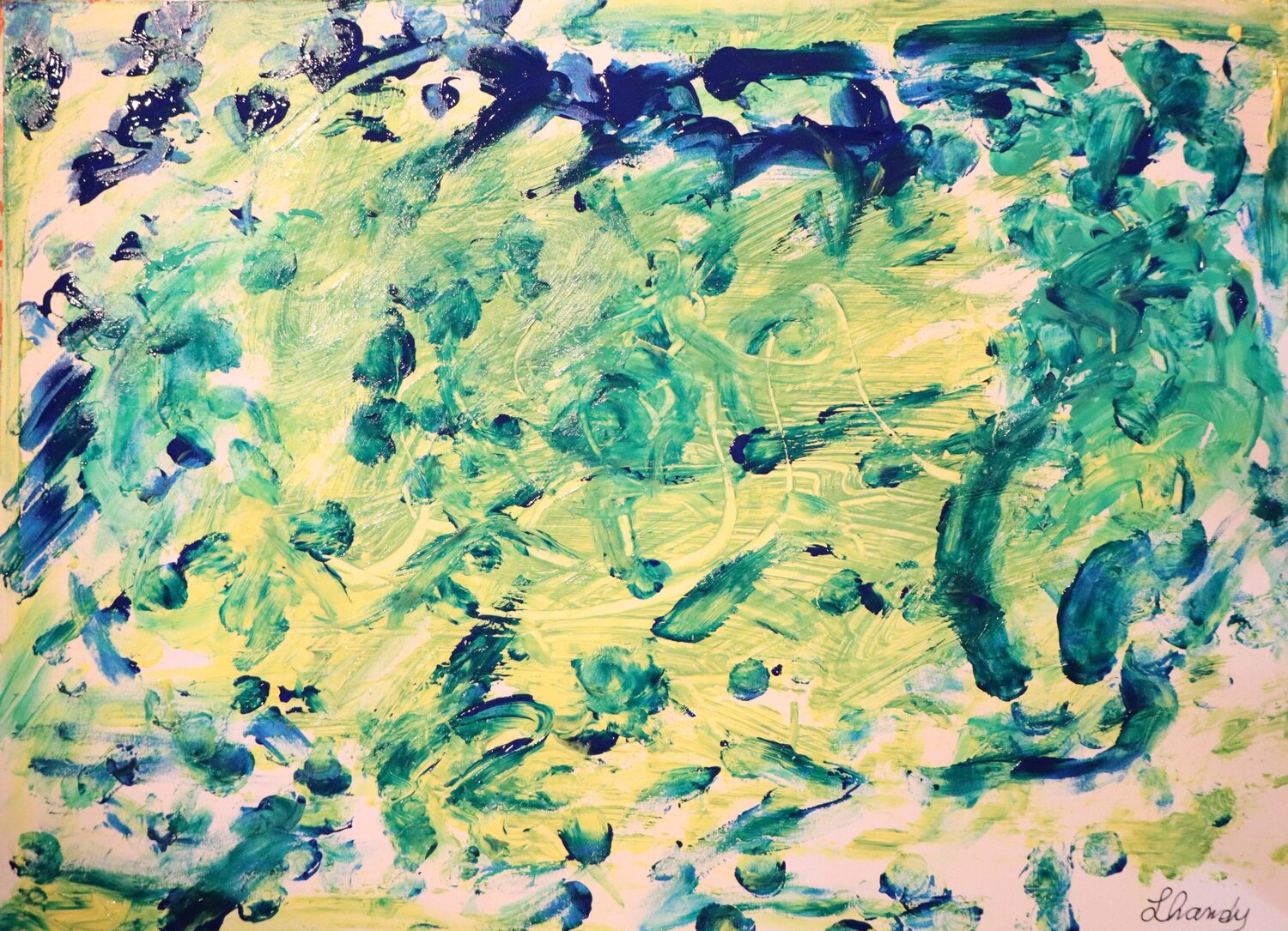 Yellow, Green, Blue Abstract 3 - Acrylic On Paper Lhandy Originalgemälde zu verkaufen