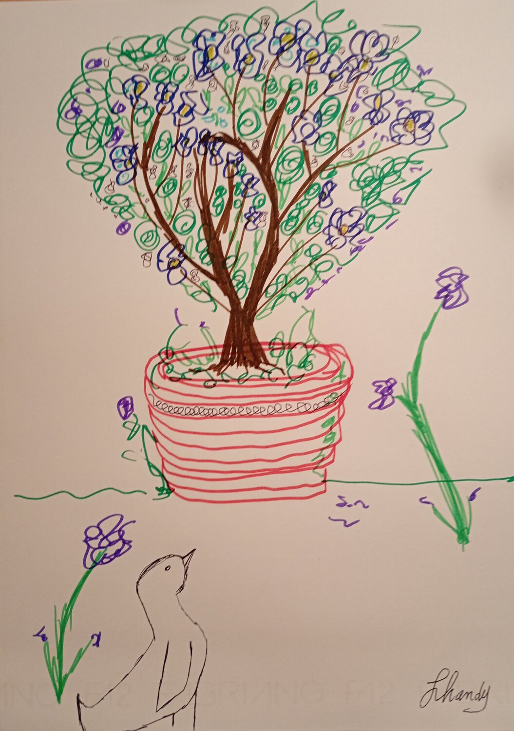Vase Of Flowers With Bird Lhandy Dessin à vendre
