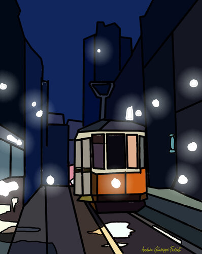 Tram. Notte. Milano par Andrea Giuseppe FADINI, Œuvre sur papier en vente sur Singulart