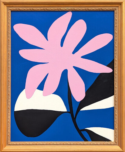 Contemporary Abstract Black, White, and Pink Shapes on Blue Field Painting van Shelbi Nicole, Schilderij te koop op Singulart