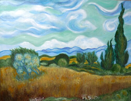 Weizenfeld mit Zypressen- Vincent van Gogh Reproduktion par Marta Morgen, Peinture en vente sur Singulart