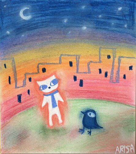 まふ猫と青カラスの星空 von アリサ オオツカ, Malerei kaufen auf Singulart