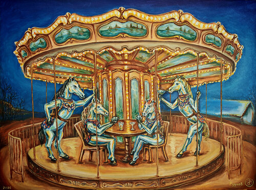 Carousel Horses on a Lunch Break von Konstantin Rudnev, Malerei kaufen auf Singulart
