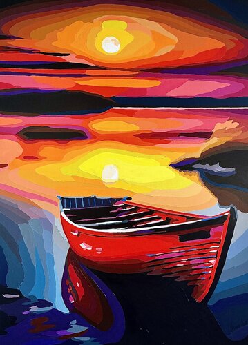 Fiery Solitude: Red Boat at Sunset van Nana Artamonova, Schilderij te koop op Singulart