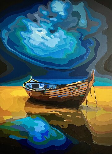 Golden Horizon: Hope on the Sea van Nana Artamonova, Schilderij te koop op Singulart