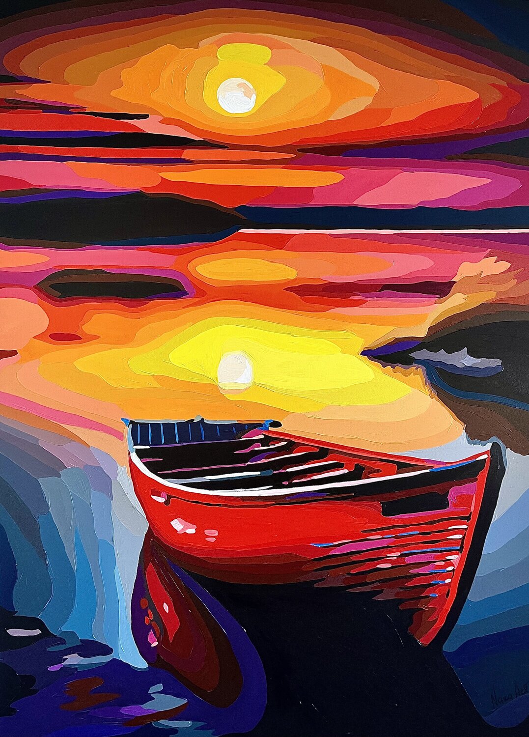 Fiery Solitude: Red Boat at Sunset Nana Artamonova
