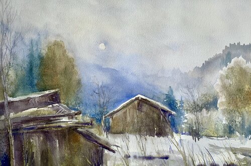 Hütte in der Bergen van Jelena Nemeth, Werk op papier te koop op Singulart