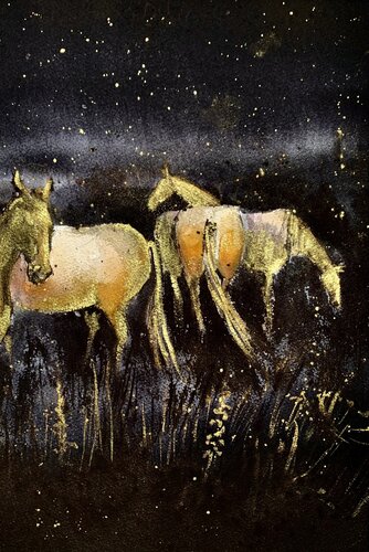 Goldene Pferde van Jelena Nemeth, Werk op papier te koop op Singulart