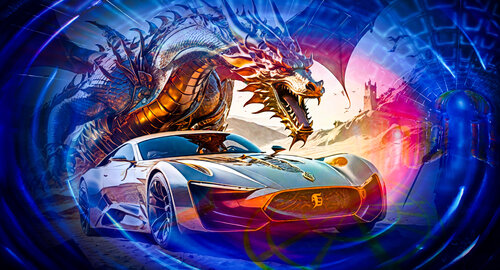 Kampf der Drachen mit der Moderne di Walter Zettl, Digitale in vendita su Singulart