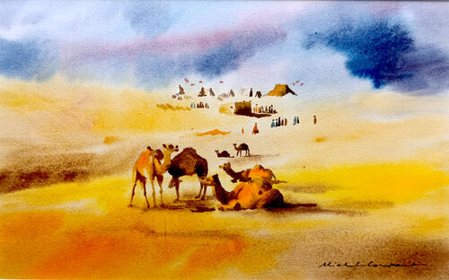 Un marché aux dromadaires dans le Sud marocain van Michel Constant, Werk op papier te koop op Singulart