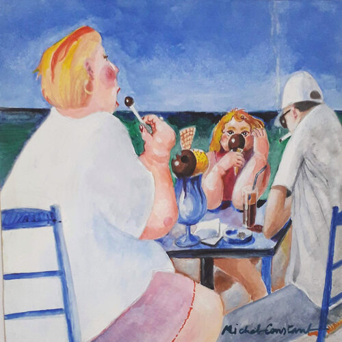 Les mangeuses de glaces et le fumeur,  vacances grecques van Michel Constant, Schilderij te koop op Singulart