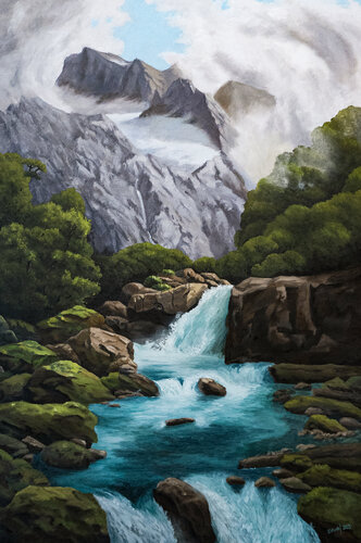 Hidden Mountain Waterfall by Pavol Zlatovský, Painting for Sale on Singulart