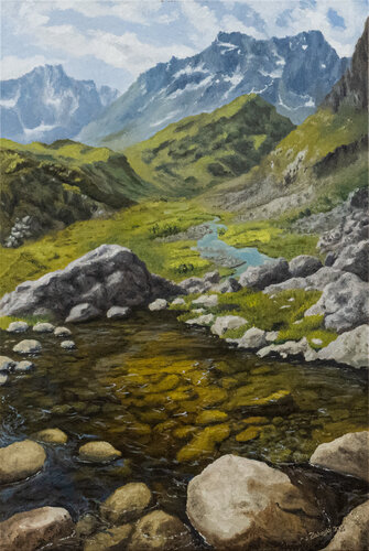 By a Clear Mountain Stream par Pavol Zlatovský, Peinture en vente sur Singulart