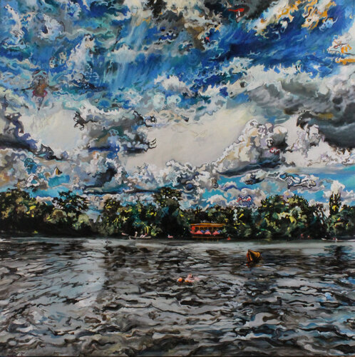 Dragon sky over Weissensee lake von Eva Schumy, Malerei kaufen auf Singulart