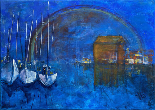 Hafen im Abendlicht mit Regenbogen von Bettina Zimmermann, Malerei kaufen auf Singulart