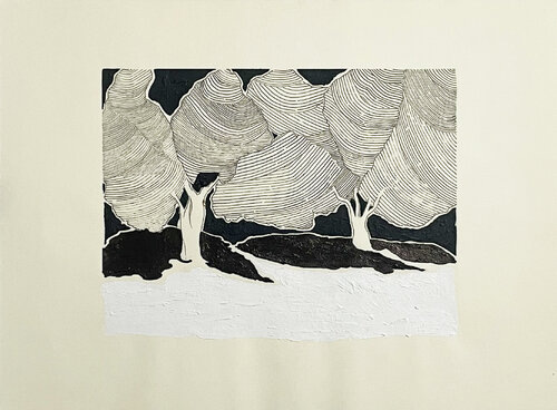 3 - trees in dark blue with snow di gorges, Opera su carta in vendita su Singulart