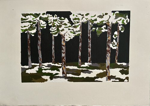 2 - wood in dark blue with snow and light spot di gorges, Pittura in vendita su Singulart