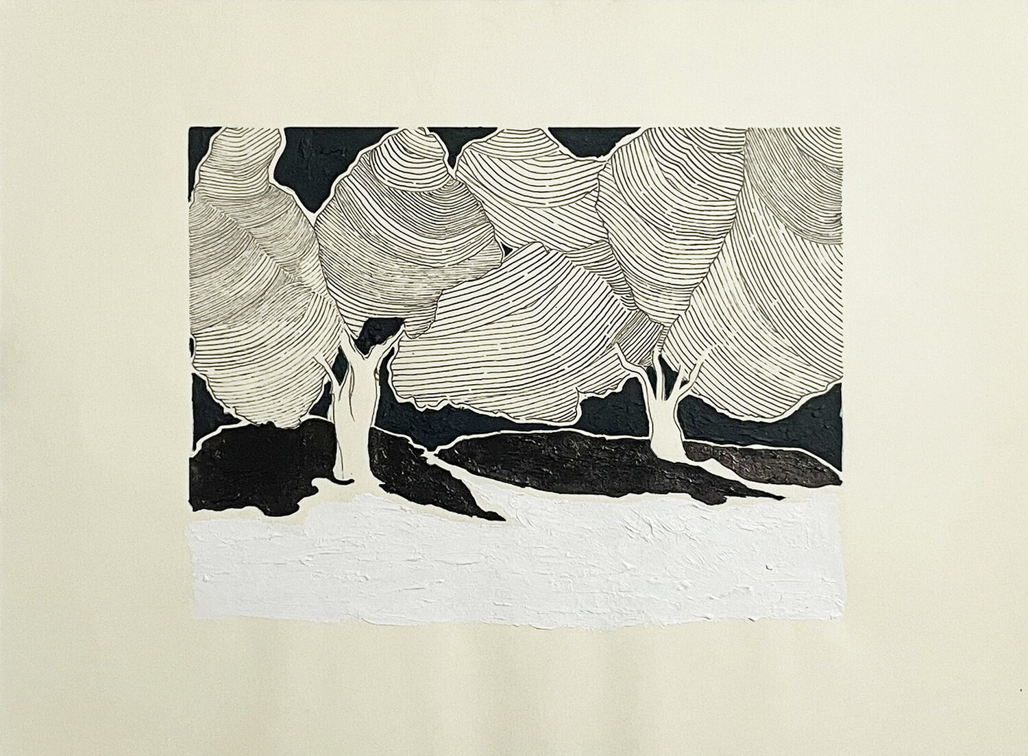 3 - trees in dark blue with snow gorges