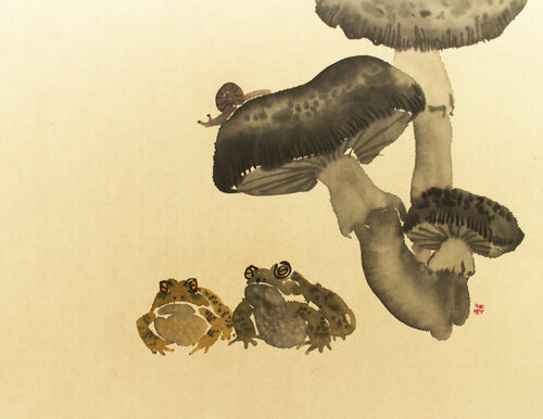 Toads under the mushrooms van Kseniya Dueva, Schilderij te koop op Singulart