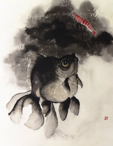 Golden fish and shrimp di Kseniya Dueva, Pittura in vendita su Singulart