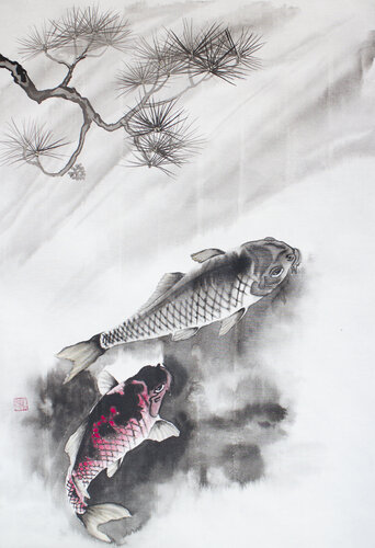 Koi carps under the pine tree di Kseniya Dueva, Pittura in vendita su Singulart