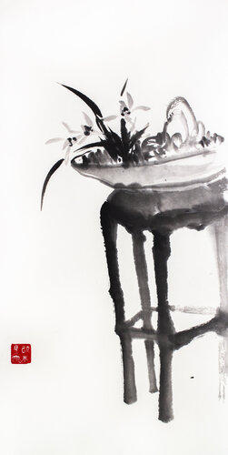 Orchid on the stool di Kseniya Dueva, Pittura in vendita su Singulart