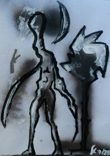 Während ich schlafe – Surreale Acrylmalerei auf Fotokarton | Traumhafte Nachtlandschaft mit abstrakter Figur de Charles Kuzmanovic, Pintura a la venta en Singulart