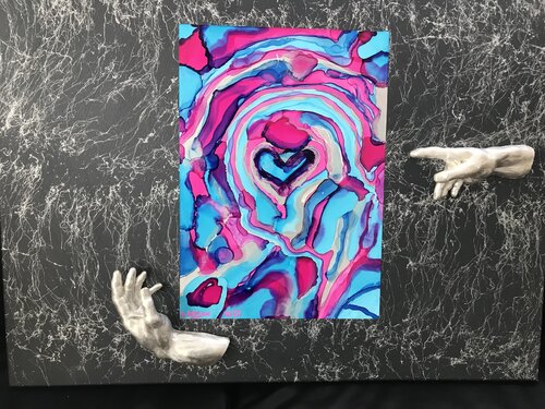 Caring for creation/the thinker(after A.Rodin) with 5 skins(after Hundertwasser) with 925-silver plated Creation Hands(after Michelangelo) on marbled Canvas van Silvia Wagner, Schilderij te koop op Singulart