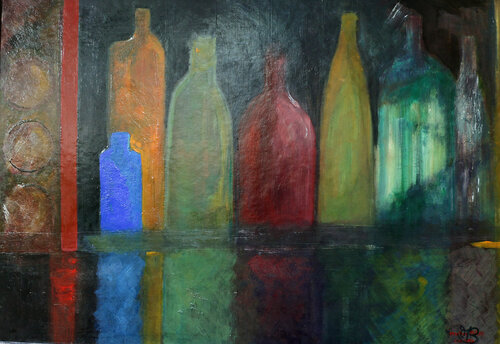 LA BOUTEILLE BLEUE von martine bonnamy, Malerei kaufen auf Singulart