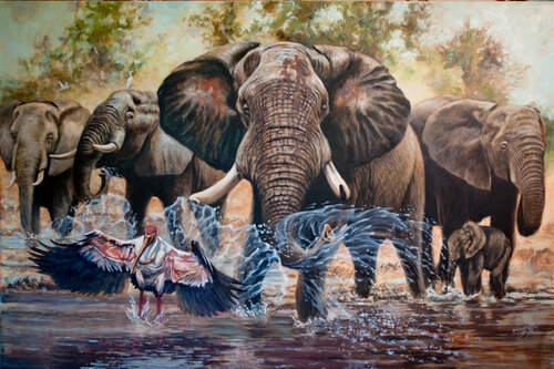 African Elephant heard at water edge van Barry Jackson, Schilderij te koop op Singulart