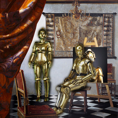 Time Travelers in Vermeer's Studio (C-3PO & Metropolis Maria)  - Museum Quality Giclée Print Gordon Coldwell
