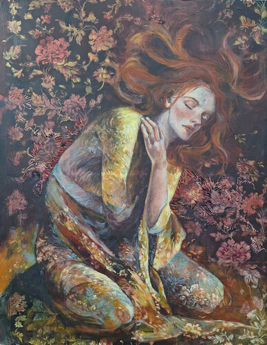Surrender | Figurative Painting with Embroidery di Leonie Brown, Pittura in vendita su Singulart