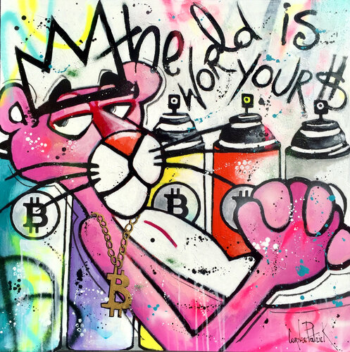 The Pink Panther likes the Bitcoins de Patrick Cornée, Pintura a la venta en Singulart
