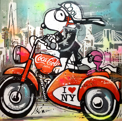 Snoopy visits New York on a motorbike de Patrick Cornée, Pintura a la venta en Singulart