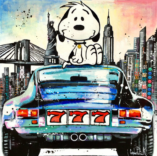 Snoopy is happy with his Porsche in New York di Patrick Cornée, Pittura in vendita su Singulart