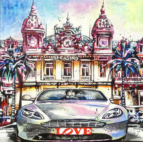 Lovers in an Aston Martin in front of the Monaco casino van Patrick Cornée, Schilderij te koop op Singulart