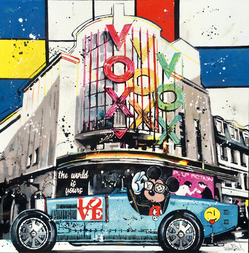 Mickey goes to the cinema in a Bugatti di Patrick Cornée, Pittura in vendita su Singulart