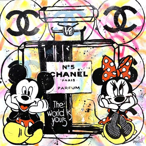 Mickey offre le parfum Chanel n°5 à Minnie di Patrick Cornée, Pittura in vendita su Singulart