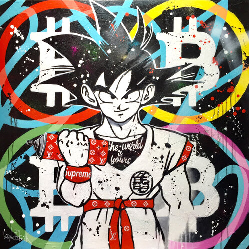Son Goku loves Louis Vuitton, Bitcoin and blue graffiti de Patrick Cornée, Pintura a la venta en Singulart