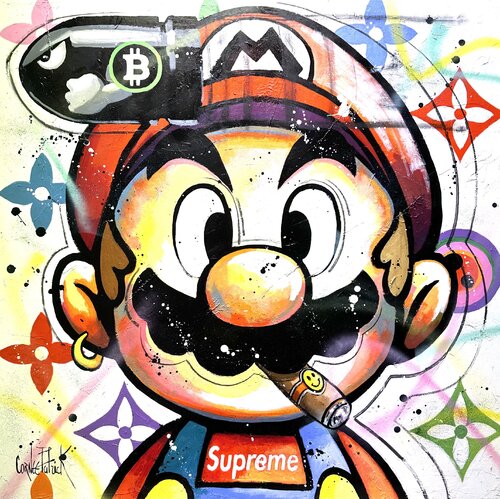 Mario loves cigars and Bitcoins di Patrick Cornée, Pittura in vendita su Singulart