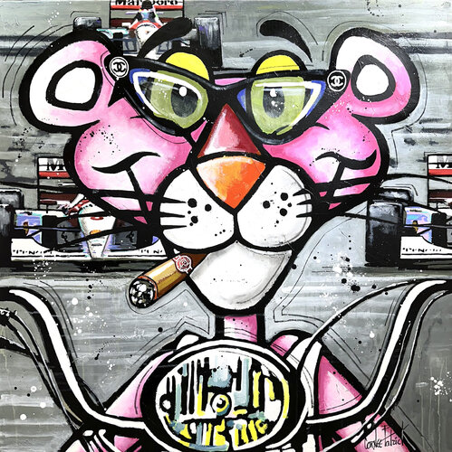 La Panthère rose au grand prix de formule 1 by Patrick Cornée, 회화 for Sale on Singulart