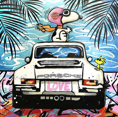 Snoopy et la Porsche 911, la vie est  belle di Patrick Cornée, Pittura in vendita su Singulart