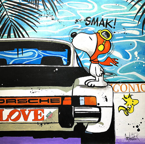 Snoopy loves the party and Porsches di Patrick Cornée, Pittura in vendita su Singulart